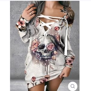 Off the shoulder skull floral sweatshirt dress